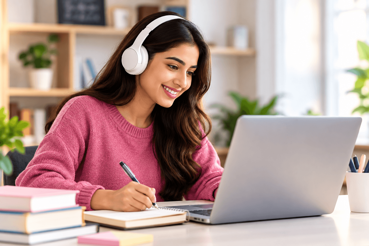 Learner in white headphones writing notes beside her laptop