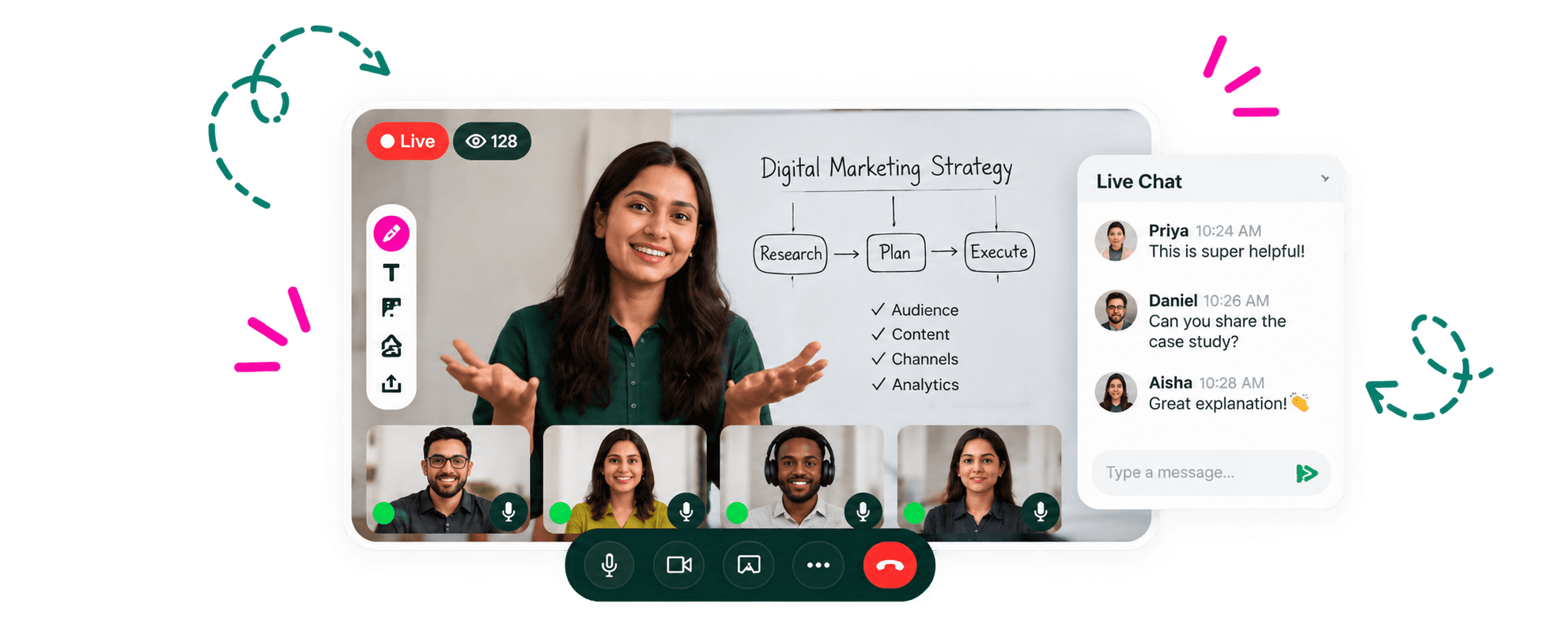 A live online class: an instructor teaches a Digital Marketing Strategy lesson while learners watch on video and chat beside the lesson
