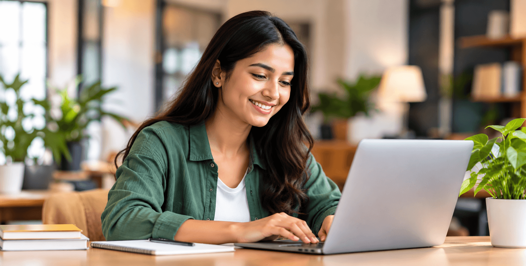 Learner smiling at her laptop in a bright study