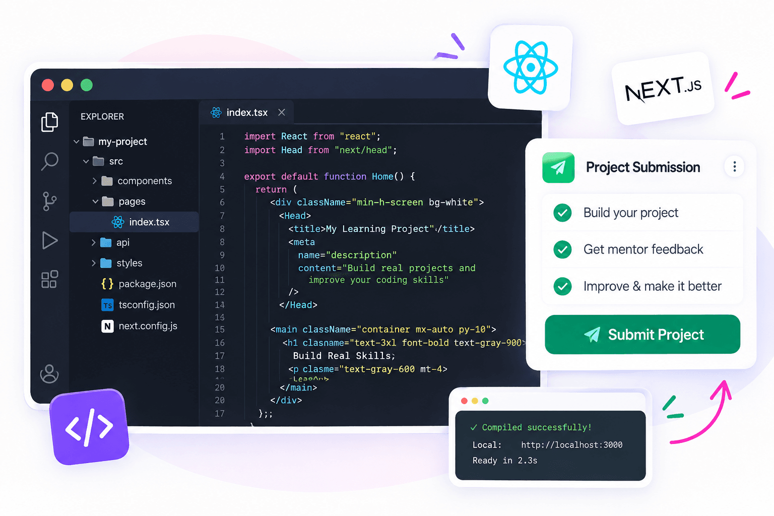 Code editor beside a project submission checklist with a Submit Project button