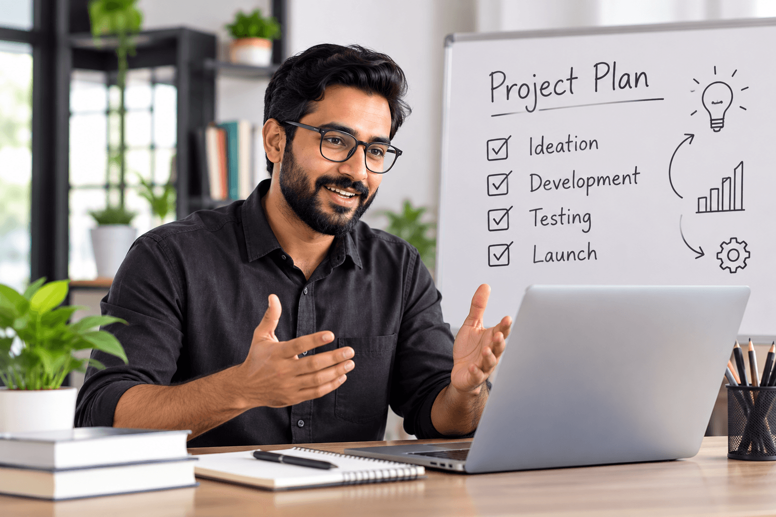 Instructor talking through a project plan with ideation, development, testing and launch steps on the whiteboard behind him
