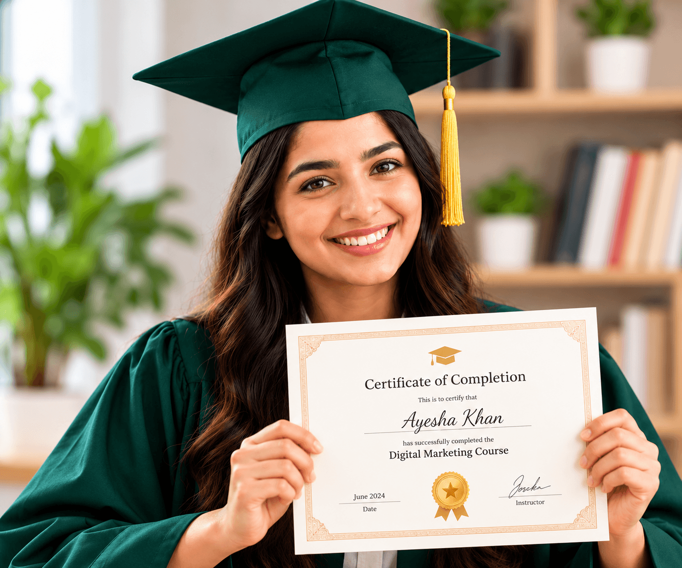 Graduate in a green cap and gown proudly holding a Certificate of Completion