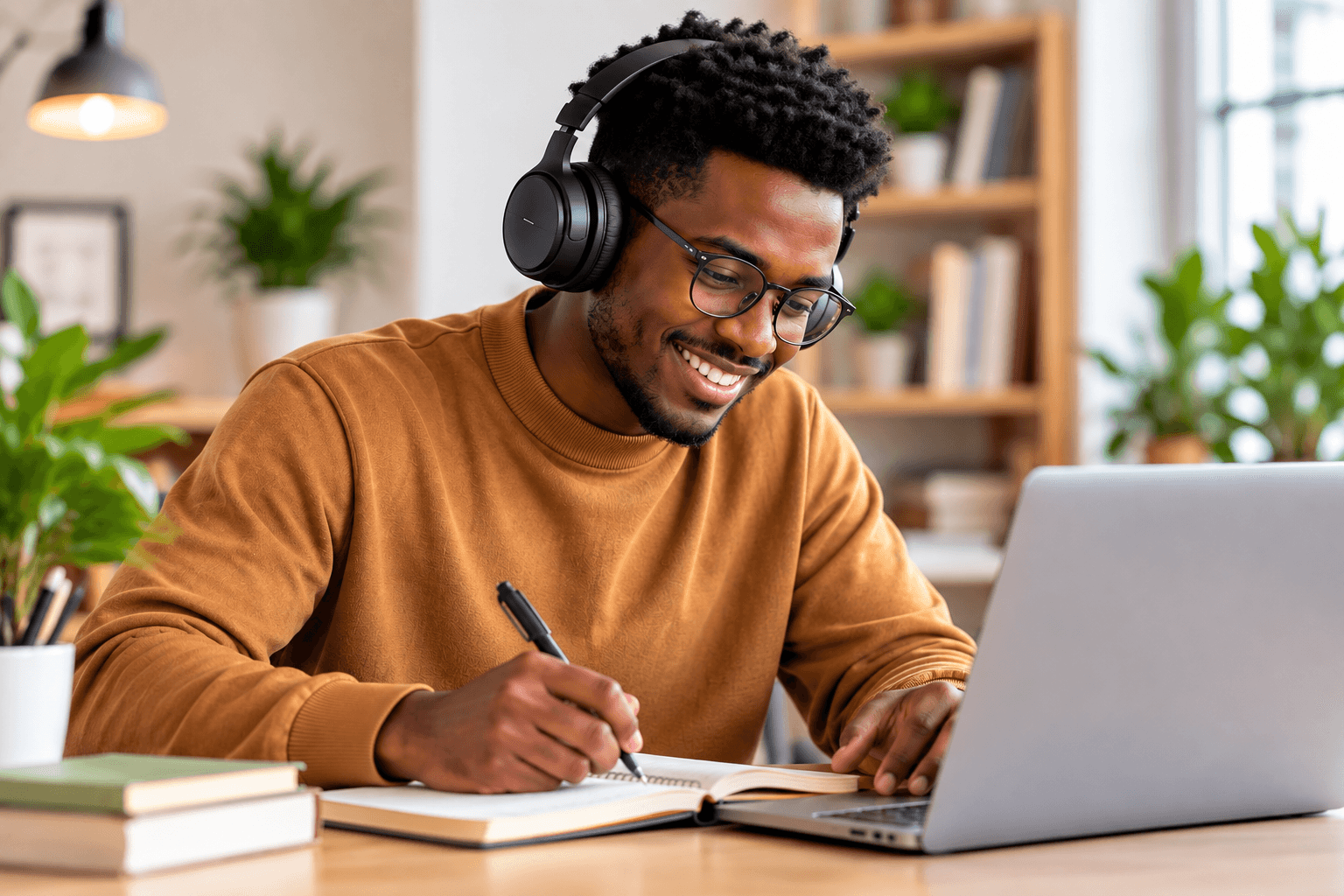 Learner in headphones taking notes by hand beside his laptop in a bright, plant-filled study