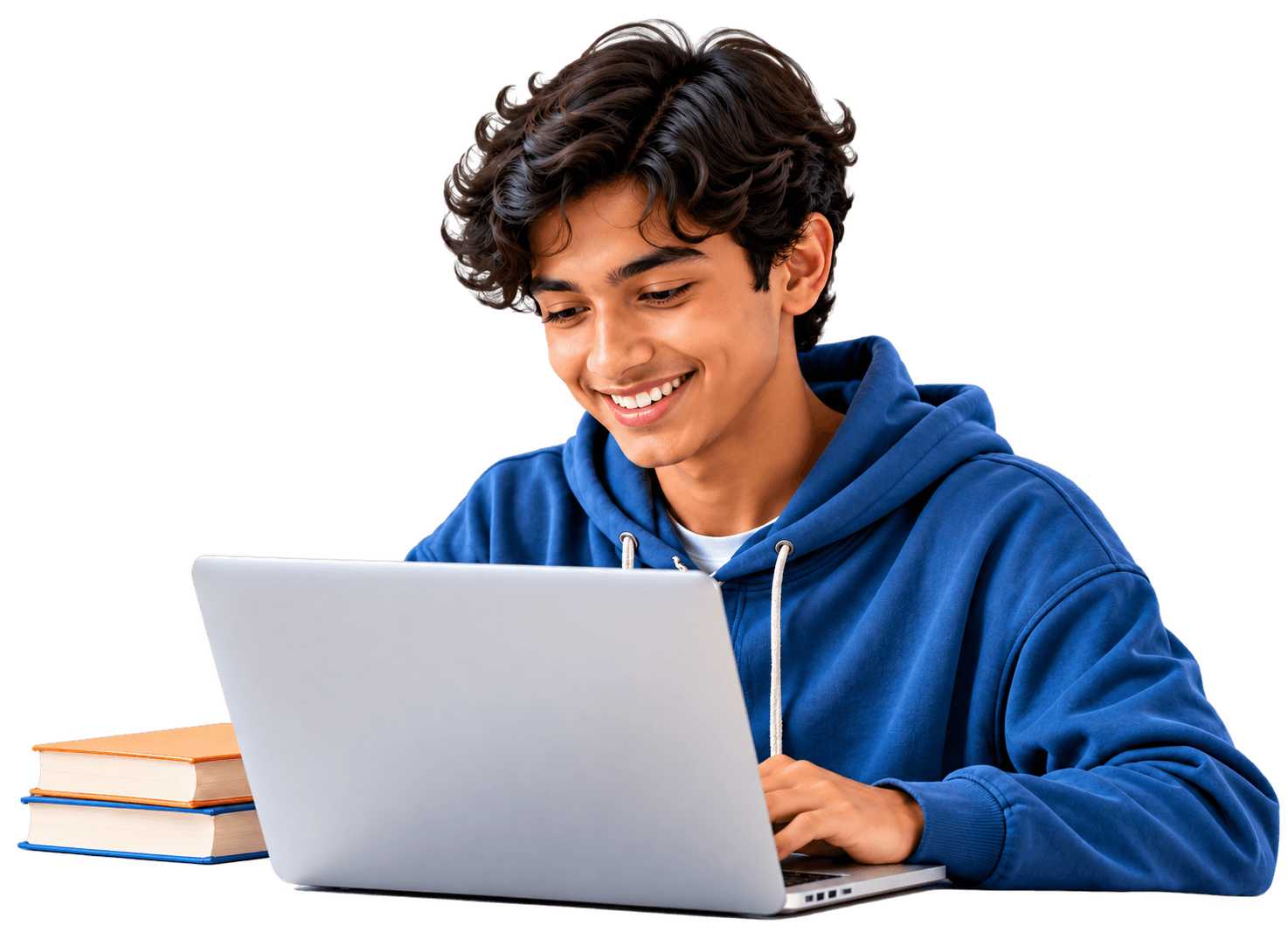 Learner in a blue hoodie smiling as he works on a laptop beside a stack of books