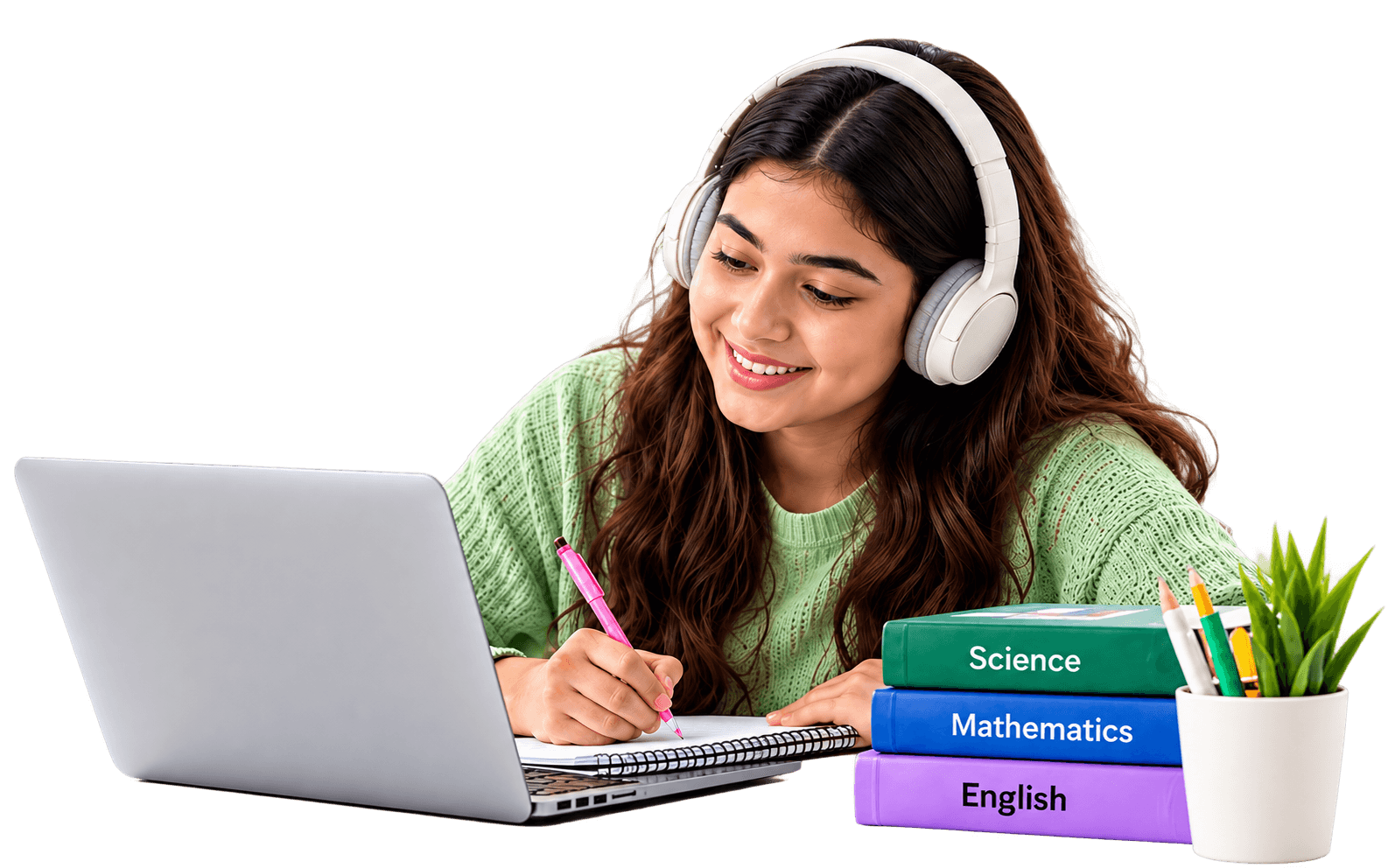 Learner in headphones smiling as she writes notes at her laptop, with Science, Mathematics and English books beside her