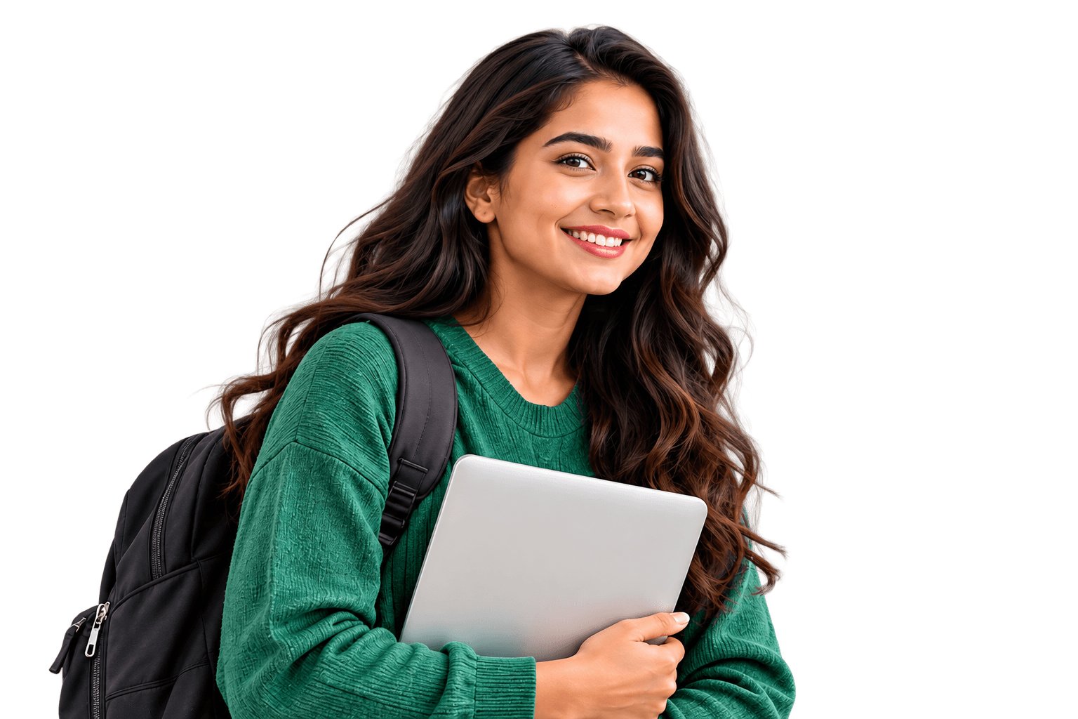 Smiling learner with a backpack, holding her laptop