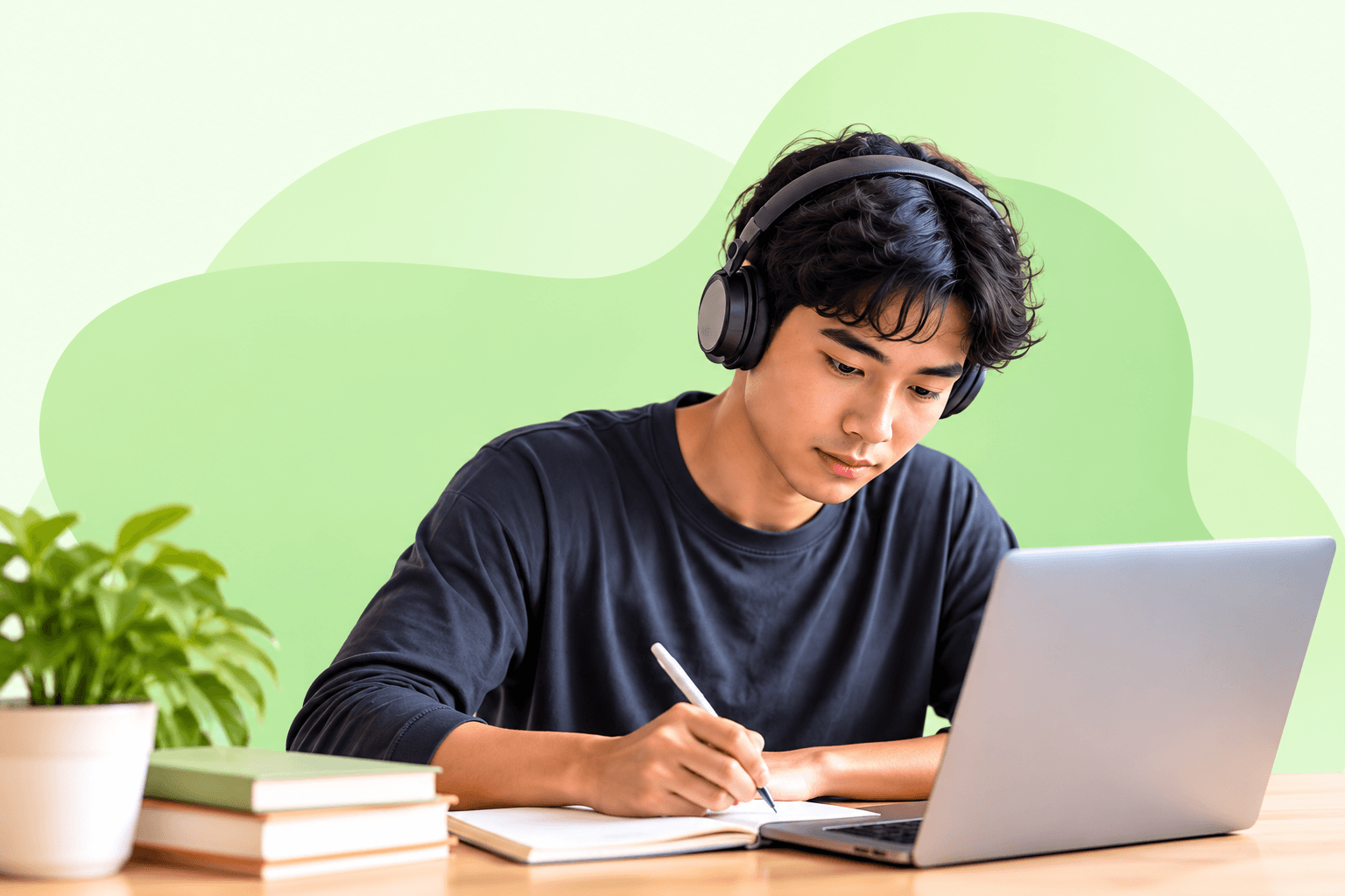 Student wearing headphones taking notes beside a laptop