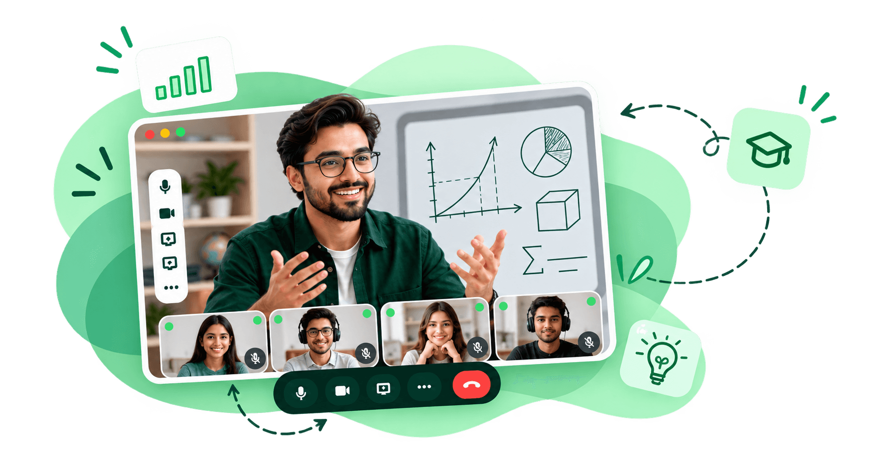 Tutor explaining a lesson on a live online class, with learners joining on video